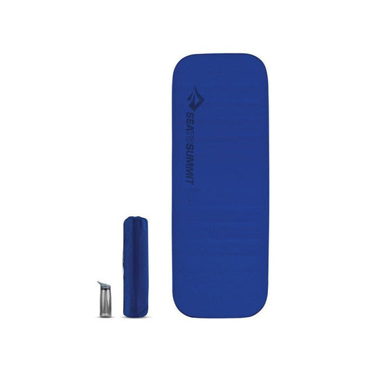 Byron Blue Sea To Summit Comfort Deluxe SI Mat shown flat and rolled up with a small metal valve on a white background.