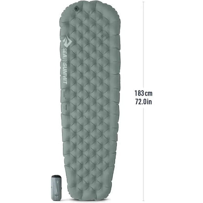 Side view of the Sea To Summit Ether Light XR Insulated ASC Mat in Regular color showing the quilted design and compacted size next to the inflation valve.