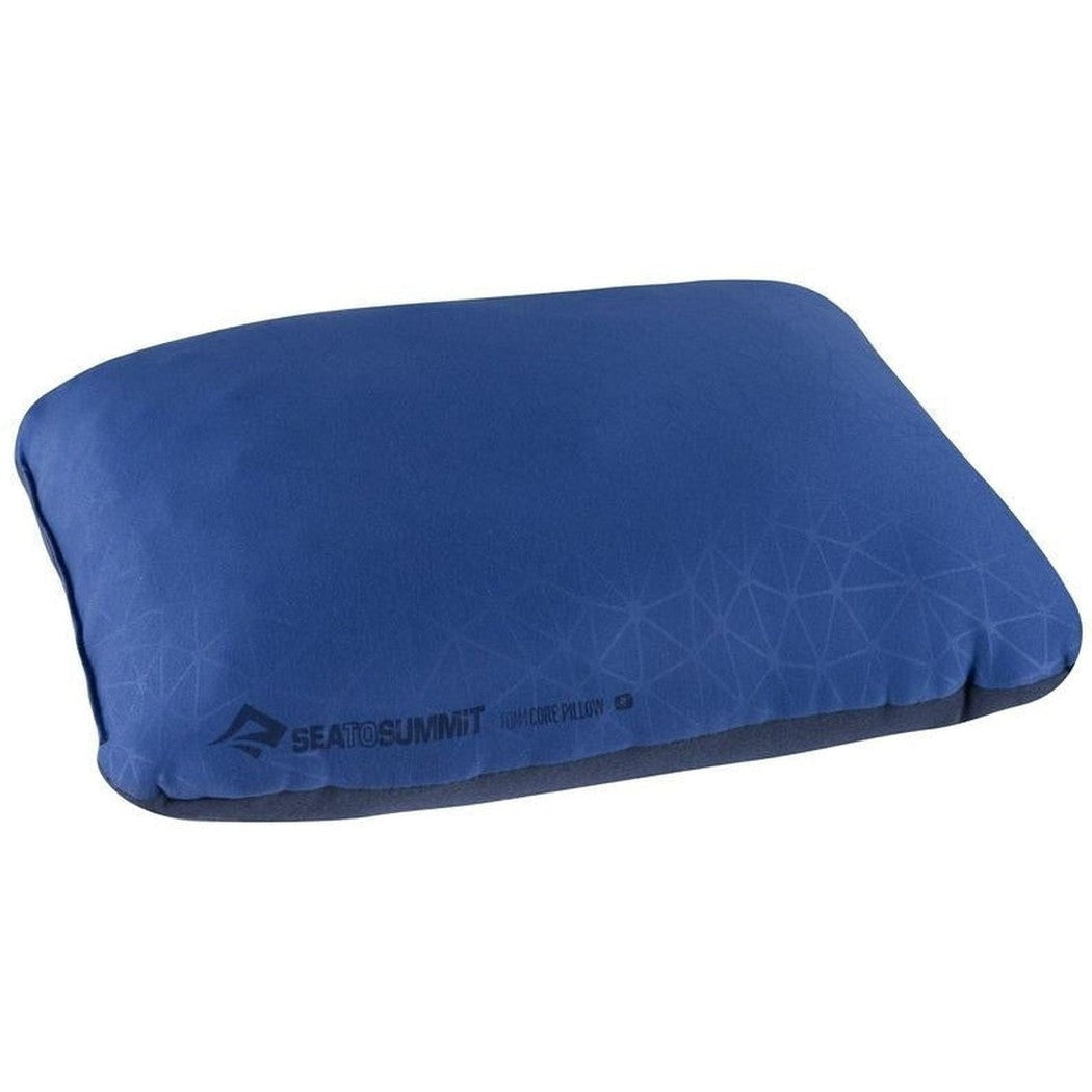 A grey Sea To Summit FoamCore Pillow shown from a top-down angle with the brand logo visible on the front.