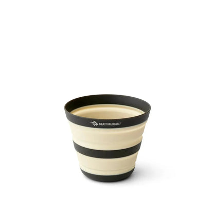 A top-down view of the Sea To Summit Frontier UL Collapsible Cup - 12oz in Bone White with black stripes against a white background.