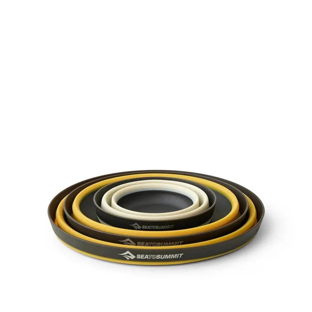 A top-down view of the Sea To Summit Frontier UL Collapsible Dinnerware Set Multi with nested bowls against a white background.
