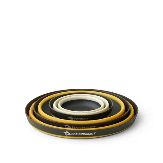 A top-down view of the Sea To Summit Frontier UL Collapsible Dinnerware Set Multi with nested bowls against a white background.