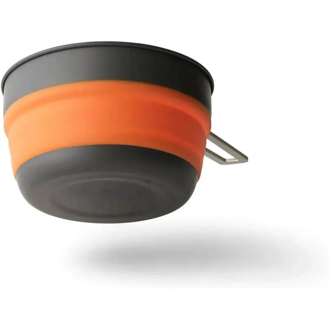 A top-down view of the Sea To Summit Frontier UL Collapsible Pot - 1L with a black and orange design and a metal handle, set against a white background.