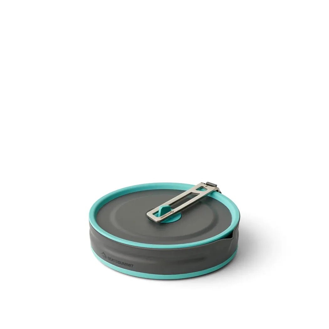 A close-up of the Sea To Summit Frontier UL Collapsible Pouring Pot - 2.2L in AquaSea Blue, showing the collapsible lid and pouring spout against a white background.