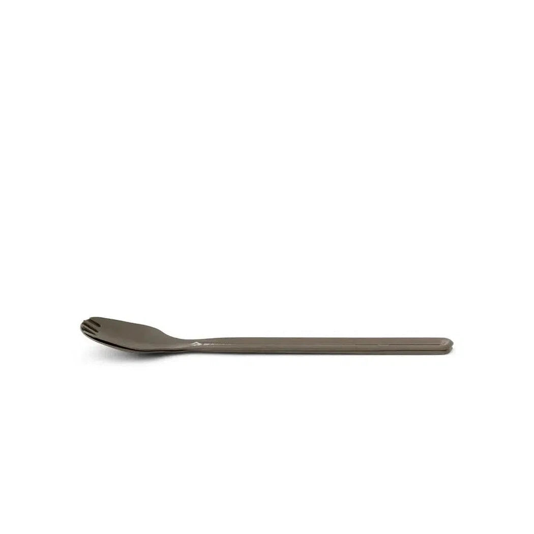 A long handle charcoal Sea To Summit Frontier UL spoon and spork against a white background.