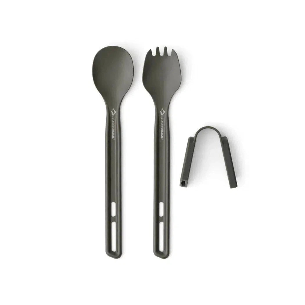 The Sea To Summit Frontier UL Cutlery Set - [2 Piece] Long Handle Spoon and Spork photo shows the charcoal cutlery with a U-shaped clip against a white background.
