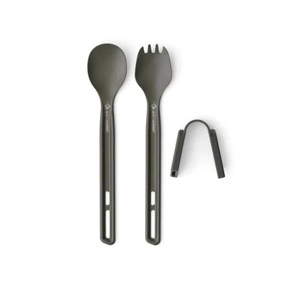 The Sea To Summit Frontier UL Cutlery Set - [2 Piece] Long Handle Spoon and Spork photo shows the charcoal cutlery with a U-shaped clip against a white background.