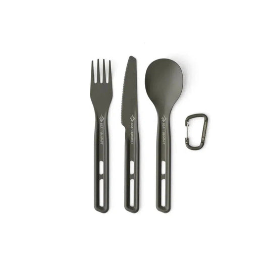 A charcoal Sea To Summit Frontier UL Cutlery Set with a carabiner, displayed against a white background.