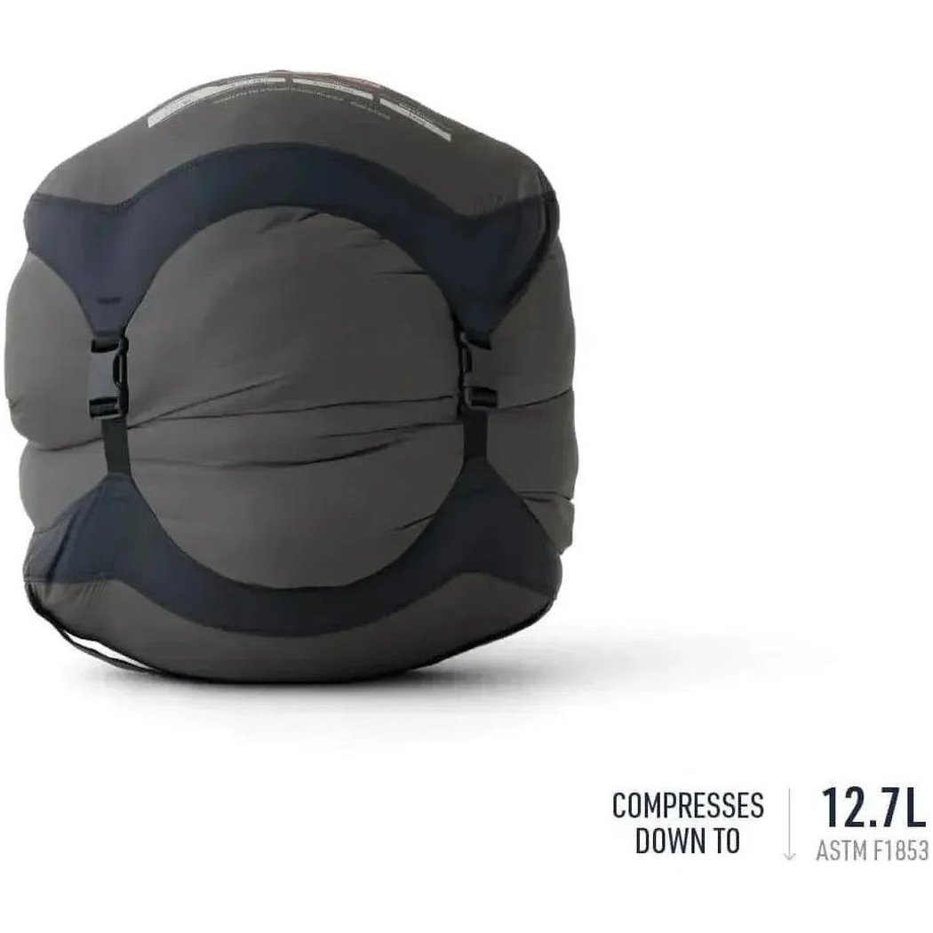 A front view of the Sea To Summit Hamelin Women's Synthetic Sleeping Bag showing the compression straps and compact size against a white background.