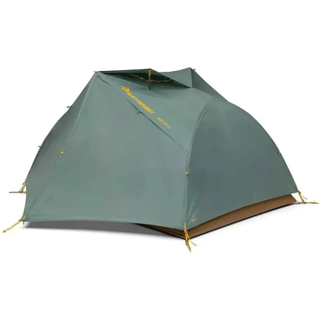 A front view of the Sea To Summit Ikos Evo Tent in Charcoal/Graphite with a brown floor and yellow tie downs against a white background.