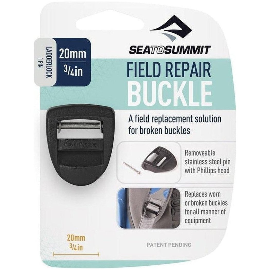 A front view of the Sea To Summit Field Repair Buckle package showing the black buckle and text describing its features.