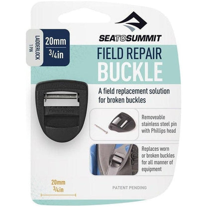 A front view of the Sea To Summit Field Repair Buckle package showing the black buckle and text describing its features.