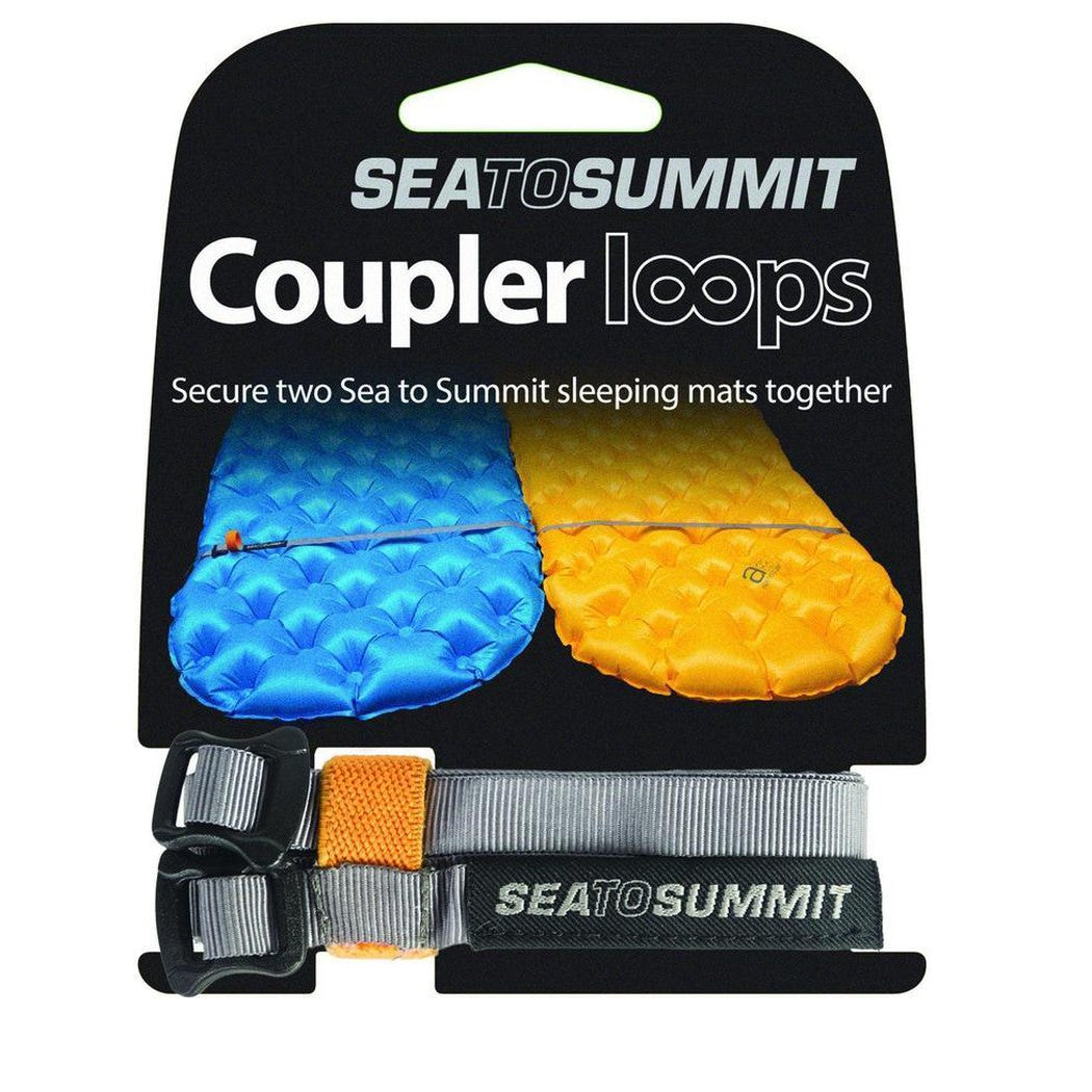 A front view of the Sea To Summit Mat Coupler Kit Loops showing the gray strap and buckle against a black packaging background.