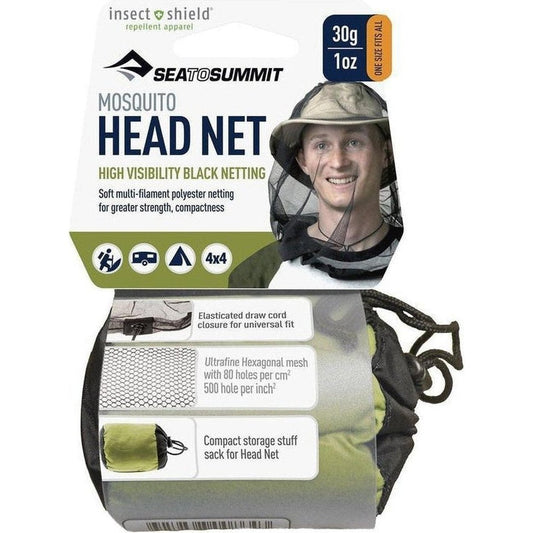 A front view of the Sea To Summit Mosquito Head Net packaging showing a model wearing it and a compact storage sack.