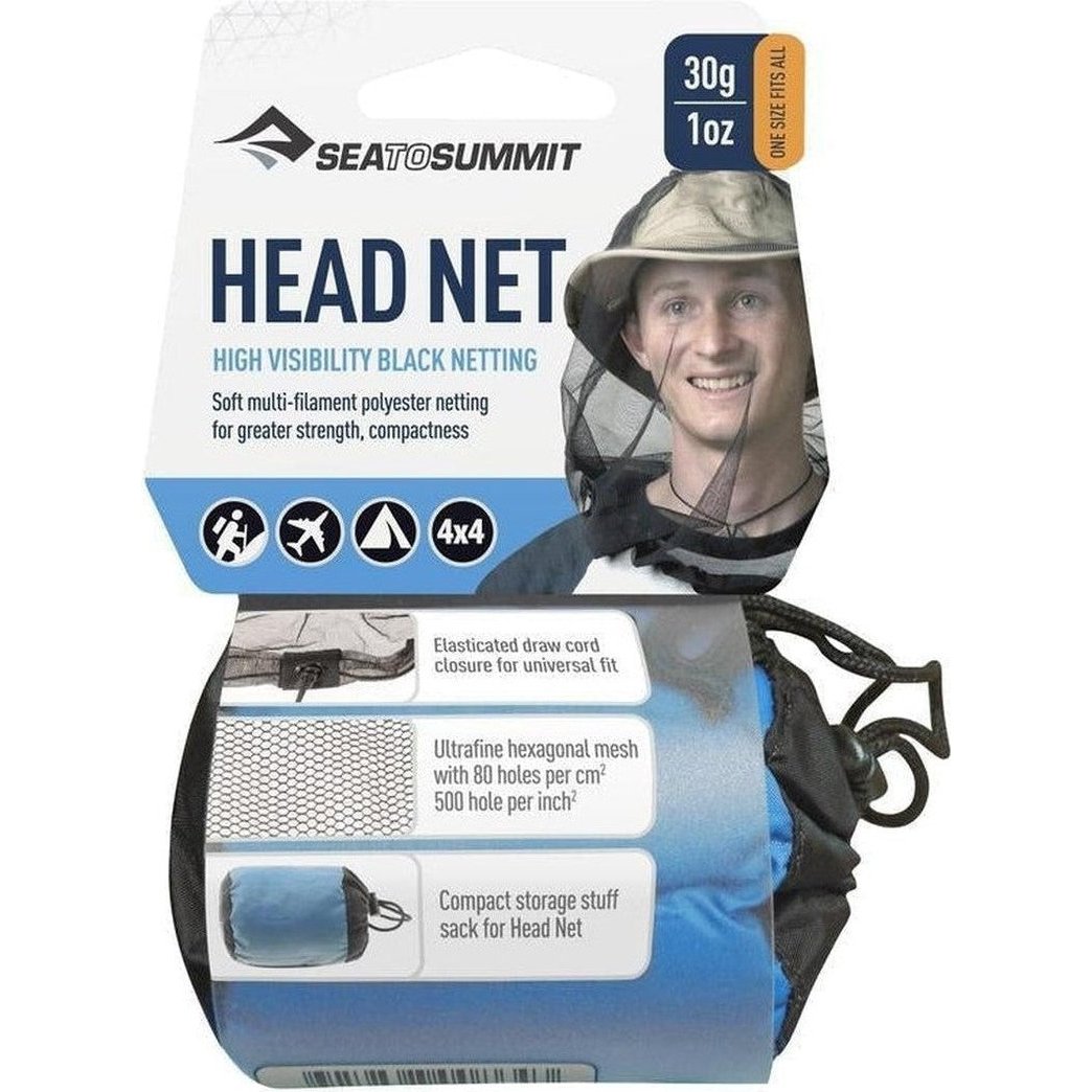 A front view of the Sea To Summit Head Net showing the model wearing it and the packaging with features listed.