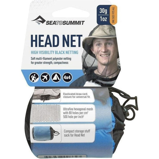 A front view of the Sea To Summit Head Net showing the model wearing it and the packaging with features listed.