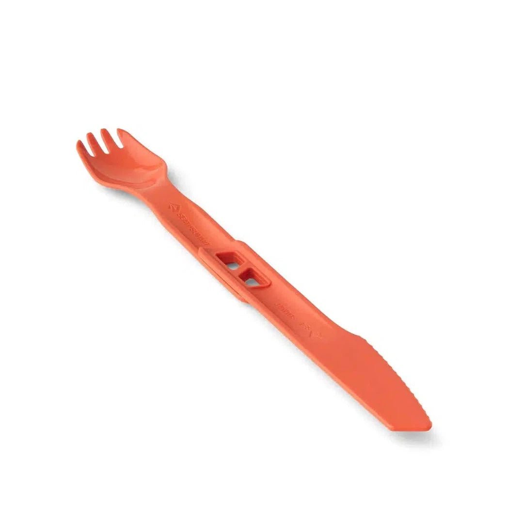 Side view of the Sea To Summit Passage Dinnerware Set - 1 Person, 7 Piece in Spicy Orange showing the fork and knife design against a white background.