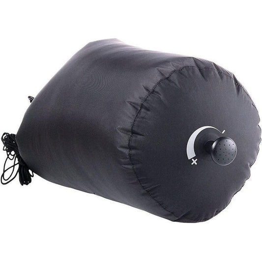 Side view of the Sea To Summit Pocket Shower 10L with a black valve and cord against a white background.