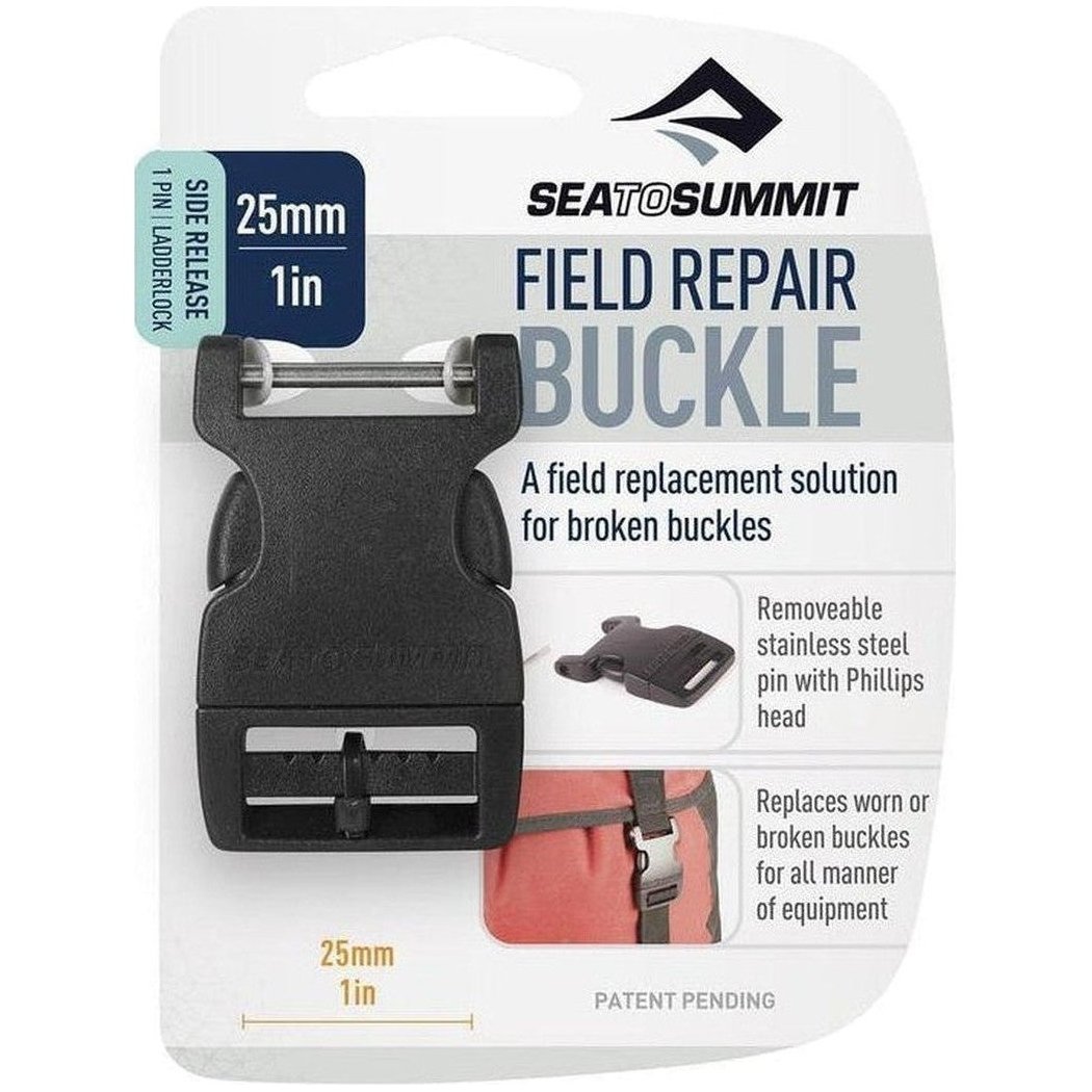A front view of the Sea To Summit Field Repair Buckle showing the black buckle and packaging with text describing it as a field replacement solution.