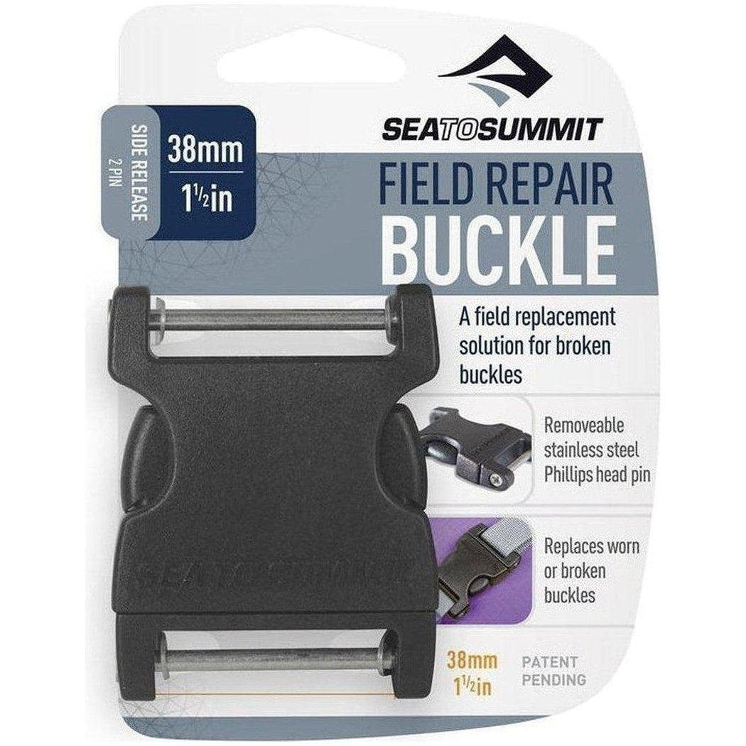 A front view of the Sea To Summit Field Repair Buckle showing the black buckle and packaging with "38mm 1½in" label.