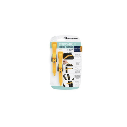 Sea To Summit Stretch-Loc TPU Straps 2 Pack in Dusk yellow showing the straps and packaging against a white background.