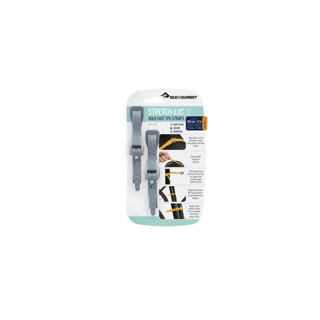 A front view of the Sea To Summit Stretch-Loc TPU Straps 2 Pack in Dusk showing the straps and packaging against a white background.