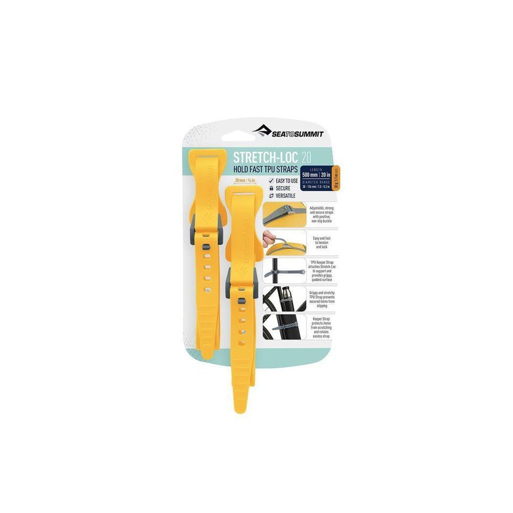 A front view of the Sea To Summit Stretch-Loc TPU Straps 2 Pack in Dusk showing the yellow straps and packaging against a white background.