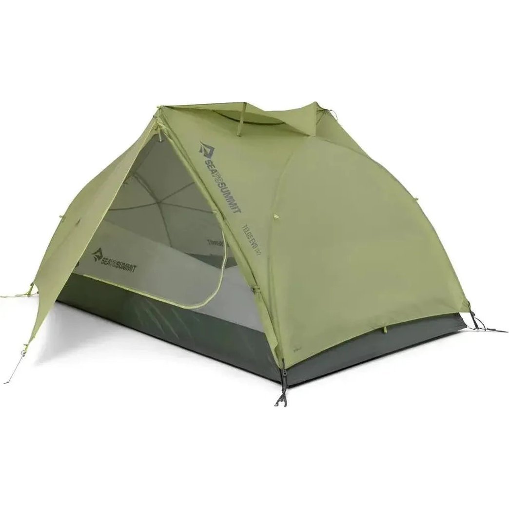 A front view of the Sea To Summit Telos Evo Tent in green with a mesh door and black floor, set against a white background.