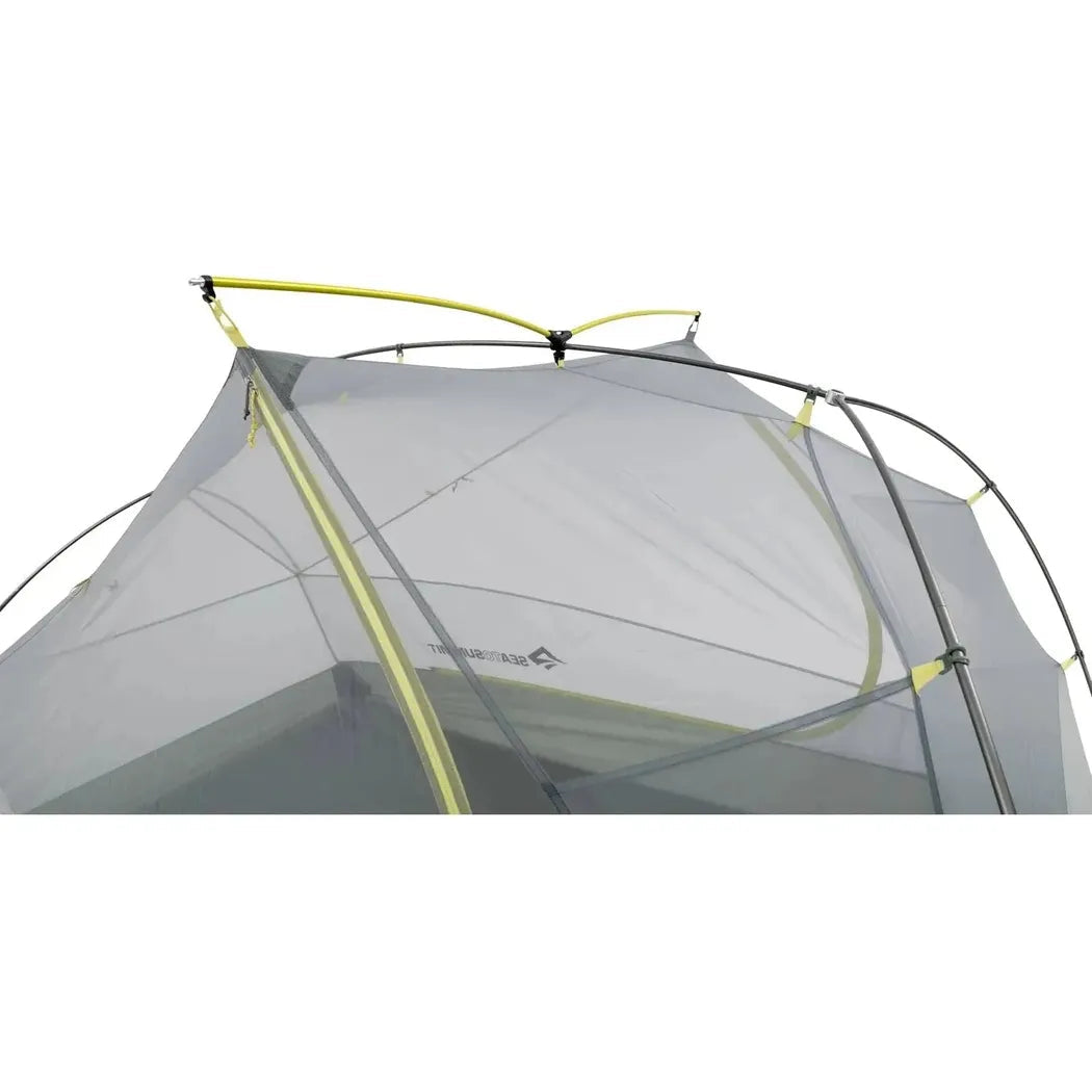 Top view of the Sea To Summit Telos Evo Tent showing its mesh structure and yellow support poles against a white background.