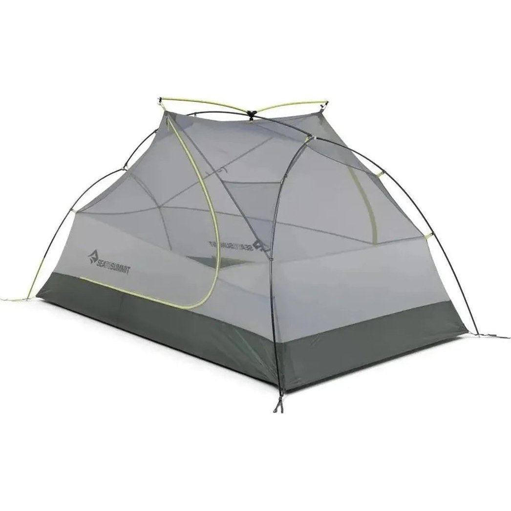 A front view of the Sea To Summit Telos Evo Tent with a gray and charcoal base against a white background.