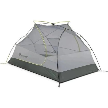 A front view of the Sea To Summit Telos Evo Tent with a gray and charcoal base against a white background.