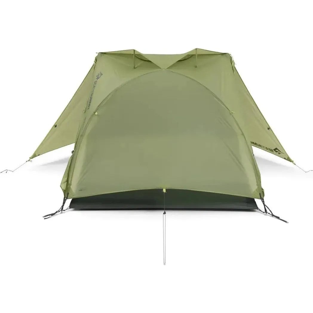The Sea To Summit Telos Evo Tent in olive green is shown from a front-facing angle with its rainfly and groundsheet visible against a plain white background.