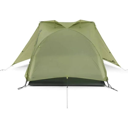 The Sea To Summit Telos Evo Tent in olive green is shown from a front-facing angle with its rainfly and groundsheet visible against a plain white background.