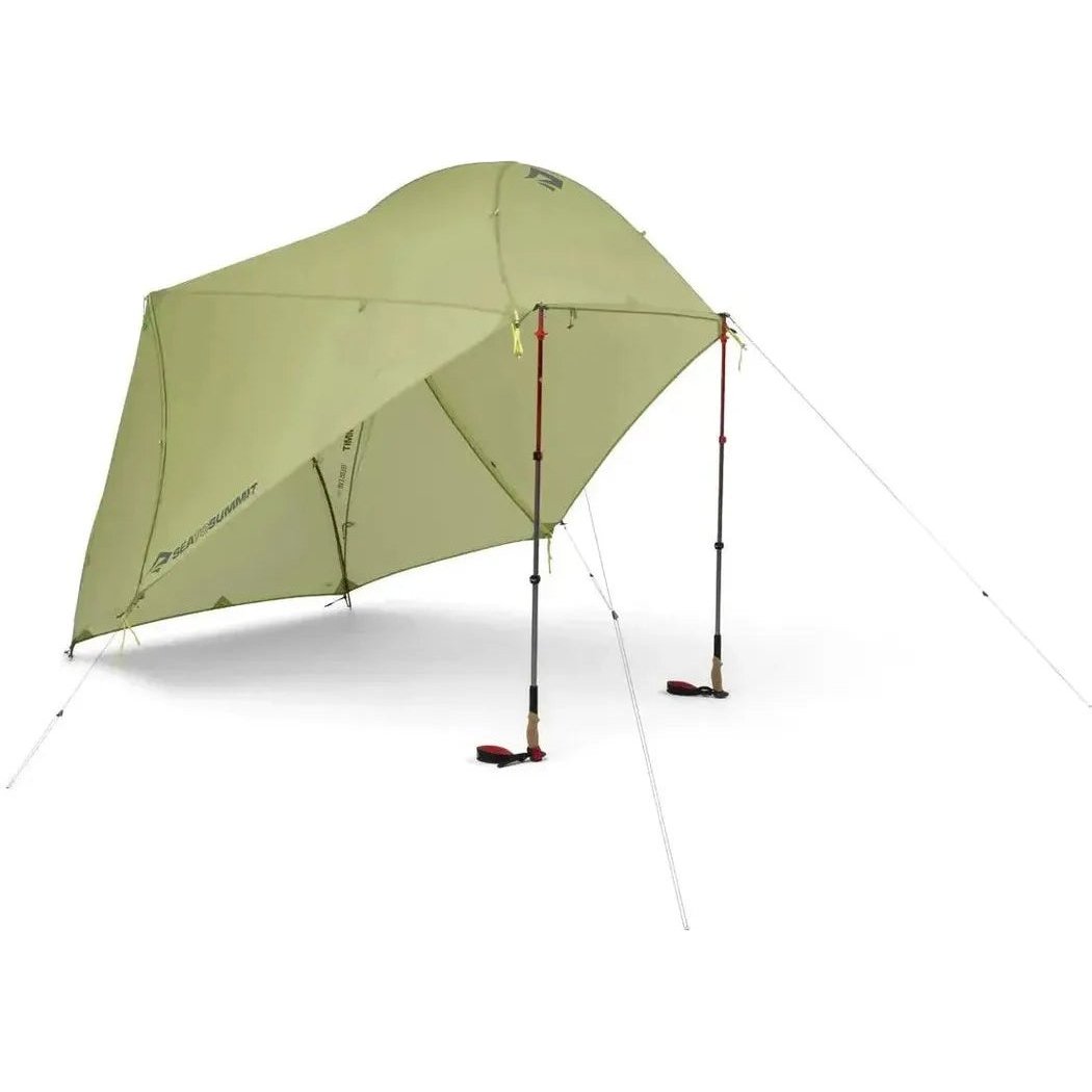 A natural, complete sentence describing the photo: The Sea To Summit Telos Evo Tent in natural color is shown from a front angle with its poles and guy lines visible against a white background.
