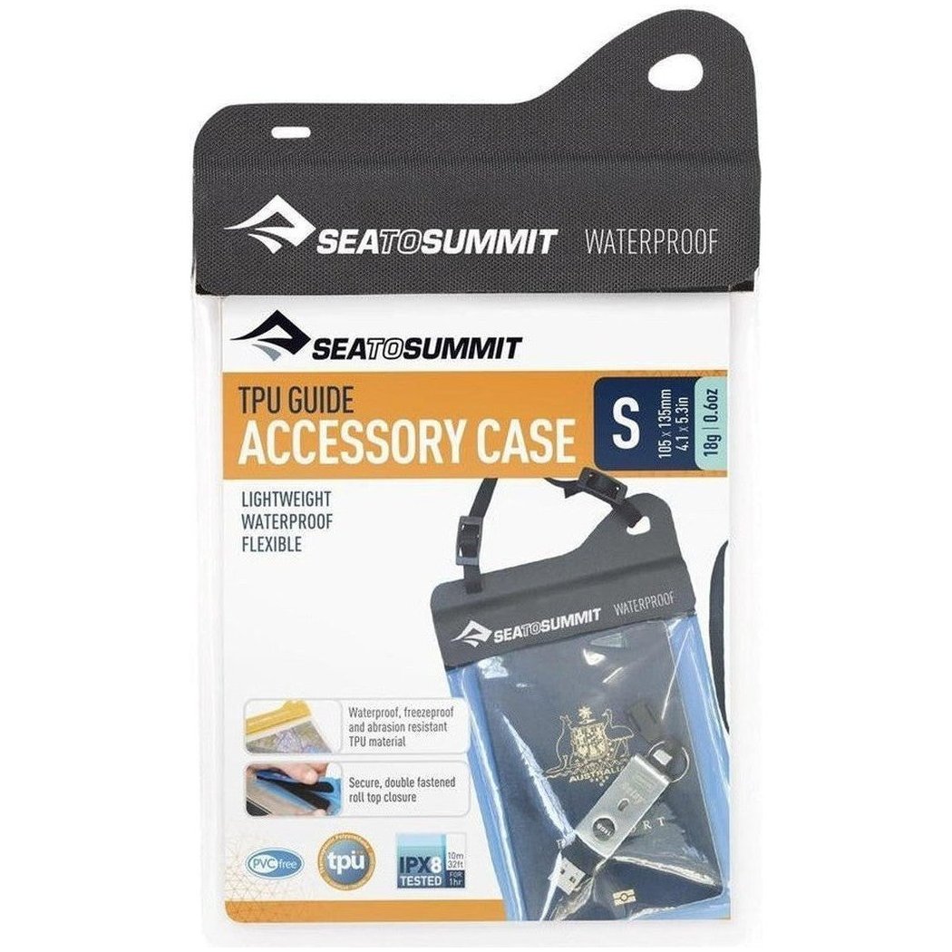 A front view of the Sea To Summit TPU Accessory Case in black showing the waterproof feature and a small USB drive inside.