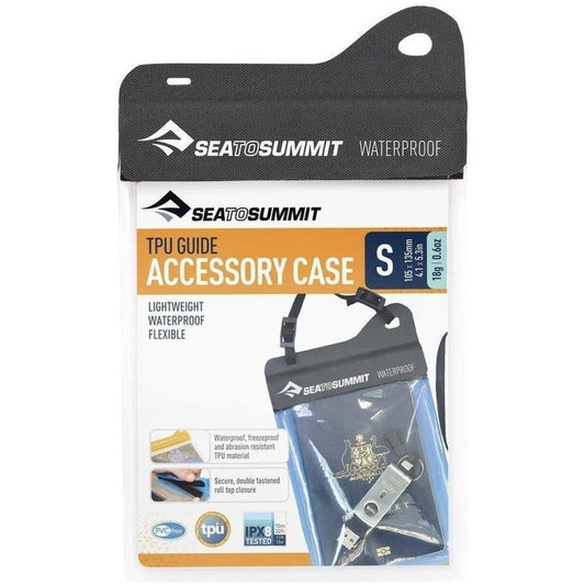 A front view of the Sea To Summit TPU Accessory Case in black showing the waterproof feature and a small USB drive inside.