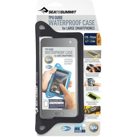 A front view of the Sea To Summit TPU Guide Waterproof Case for Smartphone in black packaging showing the phone inside and waterproof features.