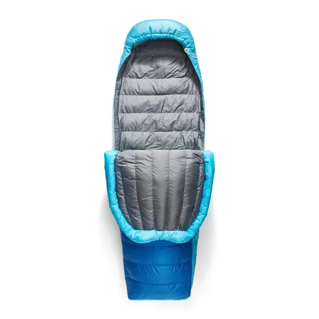 Top-down view of the Sea To Summit Trek Down Sleeping Bag Unisex 30F | -1C in Snorkel Blue showing the quilted interior and hood against a white background.