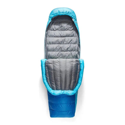 Top-down view of the Sea To Summit Trek Down Sleeping Bag Unisex 30F | -1C in Snorkel Blue showing the quilted interior and hood against a white background.