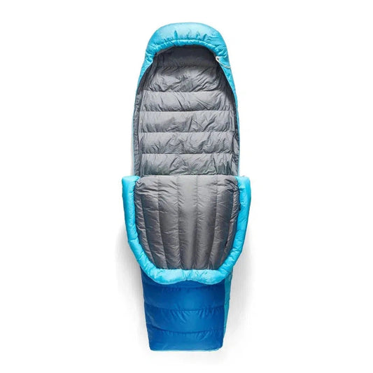 Top-down view of the Sea To Summit Trek Down Sleeping Bag Unisex 30F | -1C in Snorkel Blue showing the quilted interior and hood against a white background.