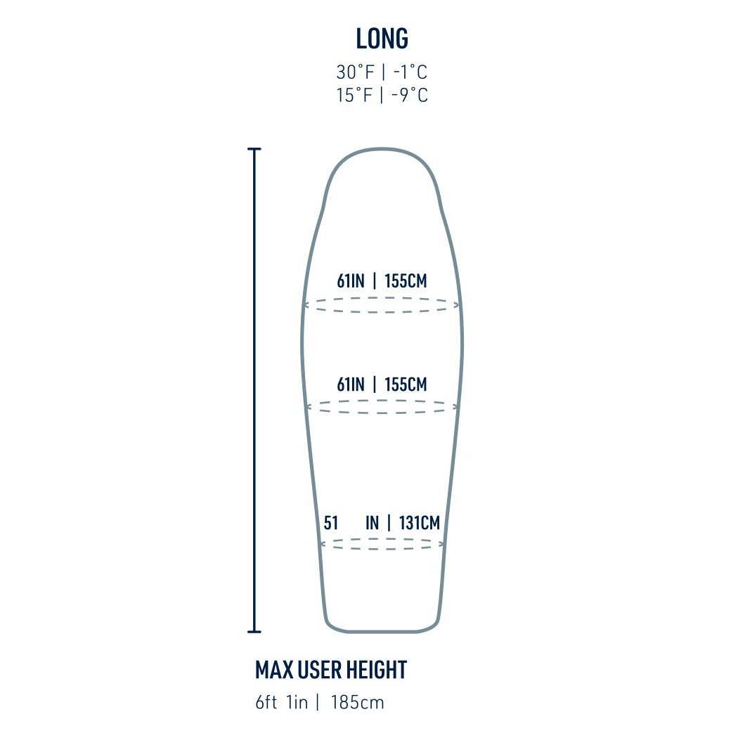 Side view of the Sea To Summit Trek Down Sleeping Bag Women's 30F | -1C showing size measurements against a white background.