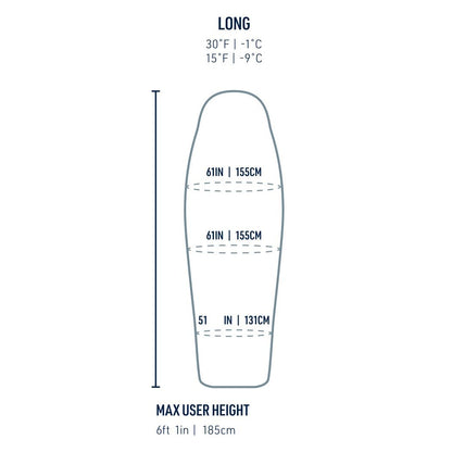 Side view of the Sea To Summit Trek Down Sleeping Bag Women's 30F | -1C showing size measurements against a white background.