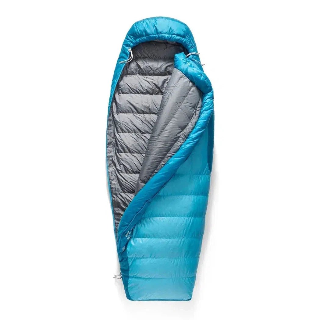 A top-down view of the Sea To Summit Trek Down Sleeping Bag Women's 30F | -1C in Blue Atoll showing the quilted interior and hood against a white background.