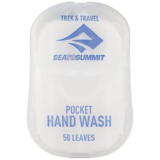 A front view of the Sea To Summit Trek & Travel Pocket Hand Wash in a white container showing the product name and 50 leaves.