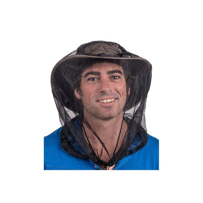 A front view of the Sea To Summit Ultra-Fine Mesh Headnet on a model wearing a blue shirt against a white background.