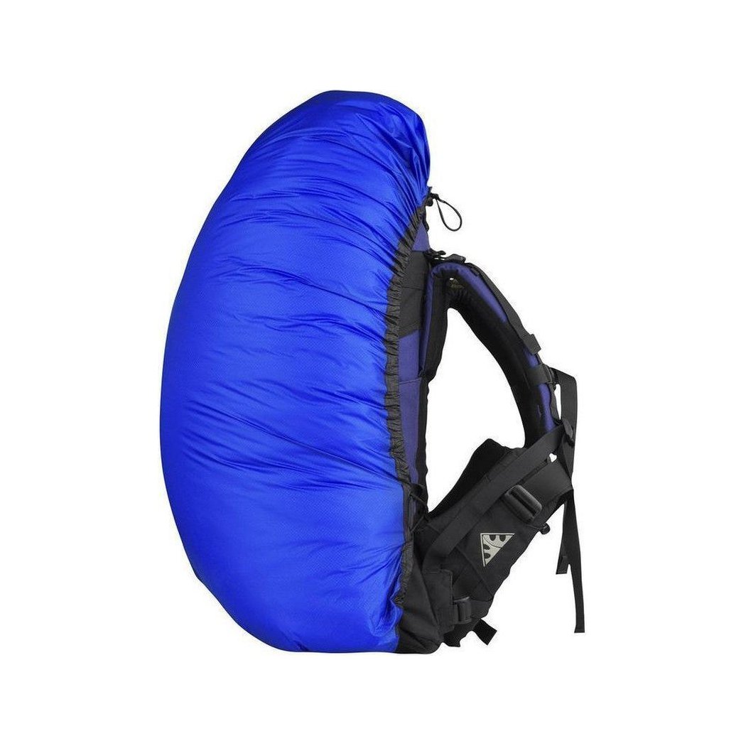Side view of the Sea To Summit Ultra-Sil Pack Cover in Blue showing the compression straps and black shoulder straps against a white background.