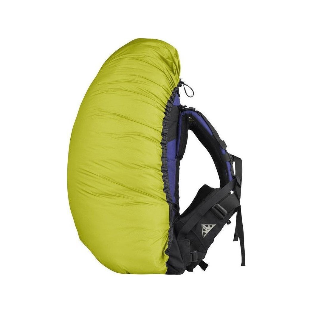 Side view of the Sea To Summit Ultra-Sil Pack Cover in Blue showing the backpack straps and a white background.