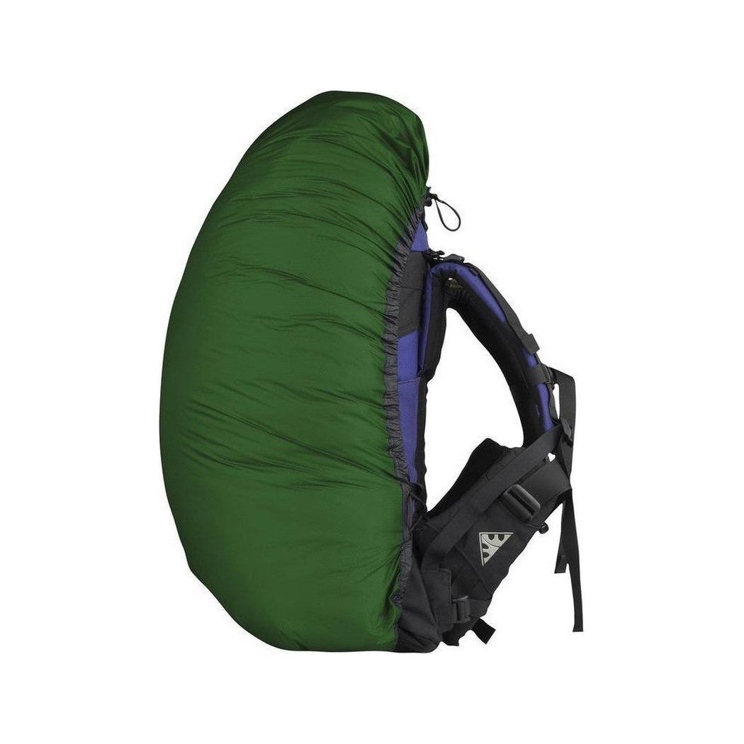 Side view of the Sea To Summit Ultra-Sil Pack Cover in Blue showing the backpack straps and a white background.
