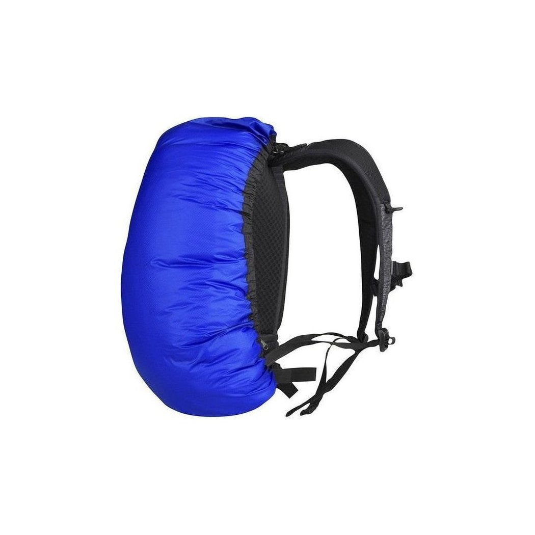 Side view of the Sea To Summit Ultra-Sil Pack Cover in Blue showing the shoulder straps and black mesh back panel against a white background.