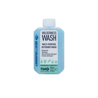 A front view of the Sea To Summit Wilderness Wash 100ml bottle against a white background.